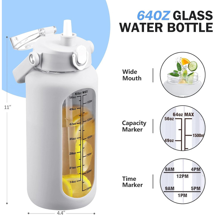 2L Glass Water Bottle with 2 Lids Flip and Tumble Lid 2 Liter Large Water Jug with Time Marker and Silicone Sleeve BPA-Free Leak-Proof for Sports Gym, (White)