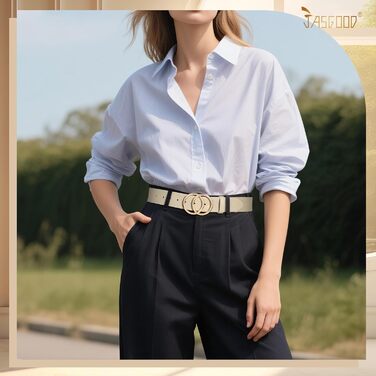 Жіночий шкіряний ремінь JasGood з подвійною кільцевою пряжкою для джинсів, штанів та суконь (бежевий, L:130см, обхват талії 96-105см)