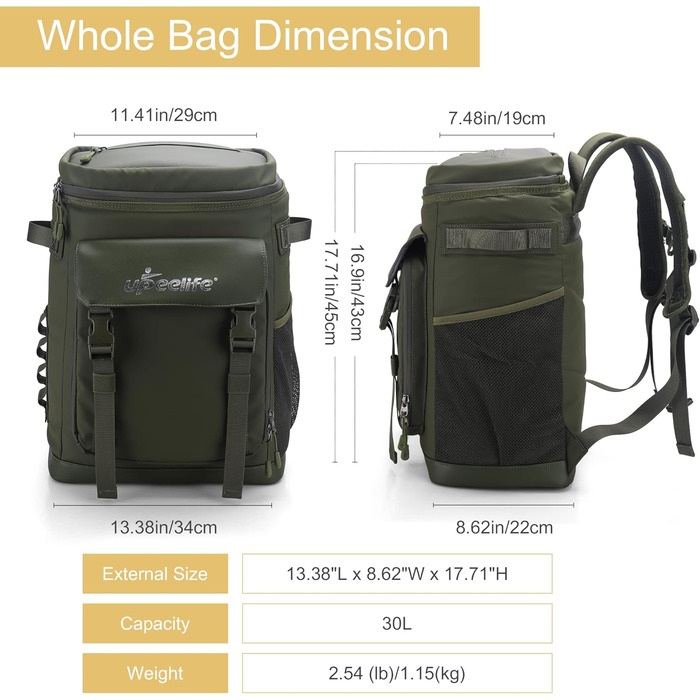 Рюкзак-холодильник Upeelife 30L з килимком для пікніка, водонепроникний, для кемпінгу та пікніків, зелений