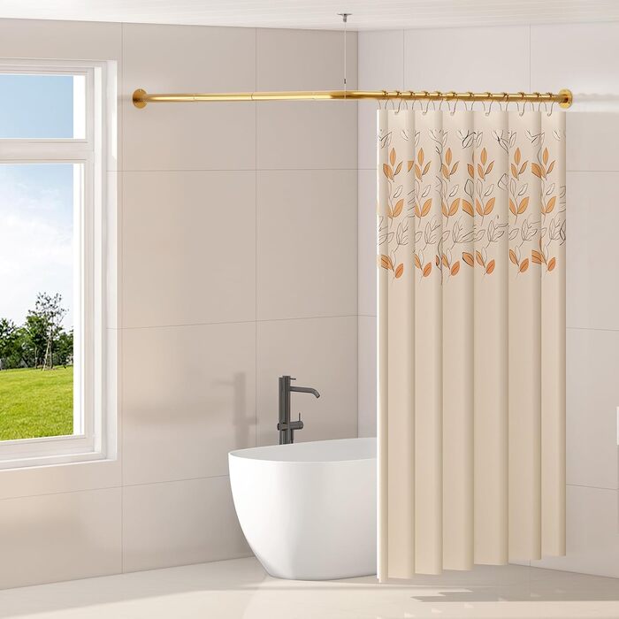 Кутова штанга для душу L-подібної форми, регульована, 90° поворот, з 12 гачками та підставкою для стелі - Золото