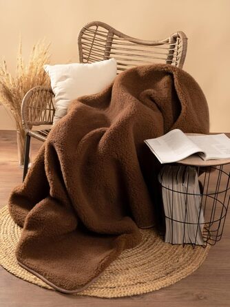 Плед з мериносової вовни, 240x200 см - теплий та м'який плед з 100% вовни мериноса, великий та пухнастий, вага 500 г/м², дихаючий матеріал, коричневий