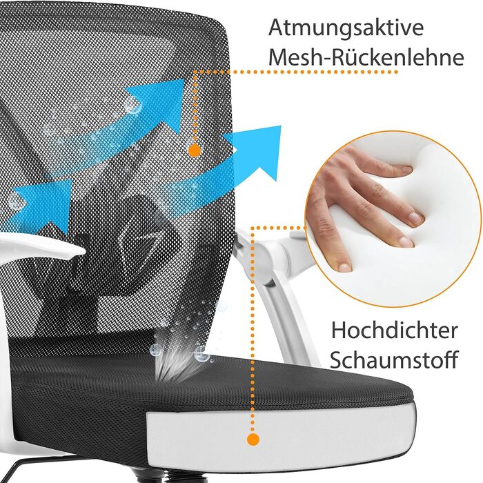 Офісне крісло Yaheetech з підйомними підлокітниками, сітчасте, ергономічне, з підтримкою попереку, функцією гойдання та регулюванням висоти (біле)