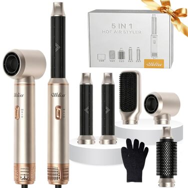 Мультистайлер для волосся 5 в 1 UKLISS Airstyler Pro 1000W: фен, кругла щітка для сушіння, завитки, випрямляч та гаряче повітря, сріблясто-золотий