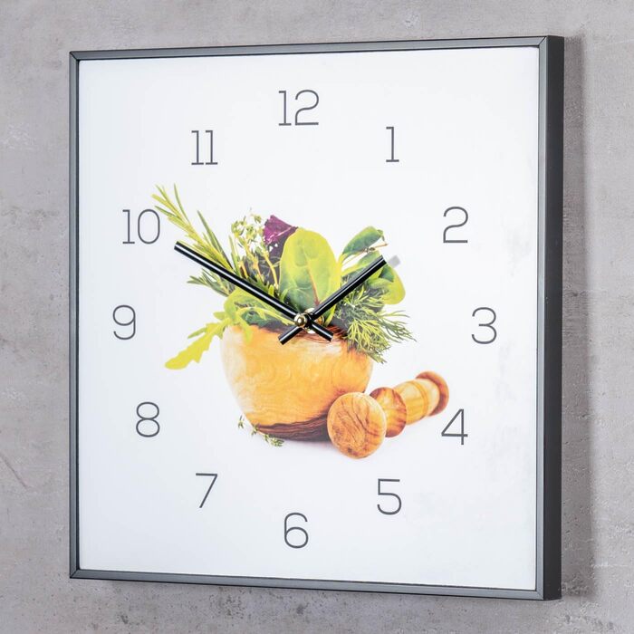 Levandeo Wall Clock - 30x30cm - Image of Kitchen Herbs, Spices, Cooking, Decoration (PVC Black)