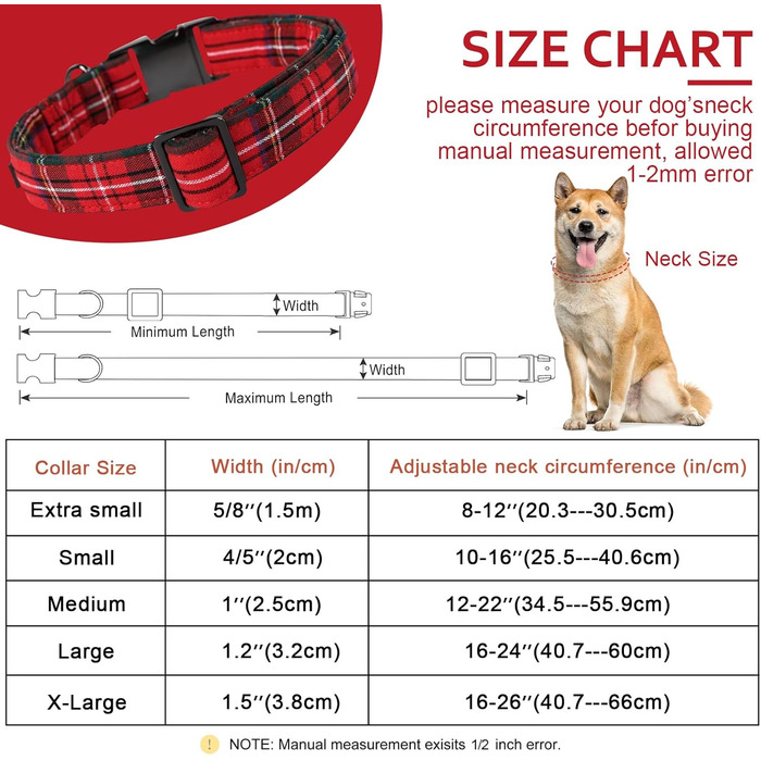 Нашийник для собак Unique Style Paws, регульований, м'який та зручний, в клітинку, для малих, середніх та великих собак, обхват шиї 25,4–40,6 см, червоний
