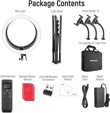 NEEWER Ringlicht RP19H 19 дюймів з підставкою та 3 тримачами для телефону, 2.4G керування, плавне регулювання яскравості, LCD та сенсорне керування, 42W CRI 97+ 2540 Lux, для стрімінгу, домашнього офісу, Zoom, освітлення, з пульт дистанційного керування