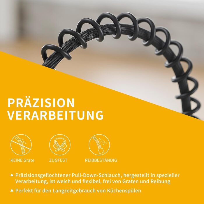 Кухонний змішувач TIMACO з поворотним гусаком 360° та висувною лійкою, чорний, з щіткою з нікелю