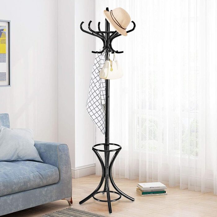 COSTWAY 184cm Wardrobe Rack with Umbrella Holder, Coat Rack with 12 Clothes Hooks, Clothes Rack made of Wood, Freestanding Coat Rack for Entryway, Living Room and Bedroom (Black)