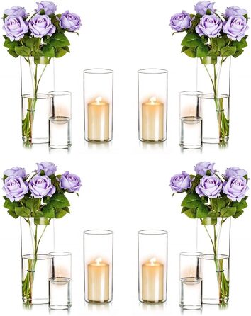 Candle Holders Glass Candle Holders Candle Stands Glass Cylinders: Romadedi 12-Piece Set of Candle Holders for Pillar Candles, Floating Candles, Candle Glass Vase for Wedding, Party, Dining Table, Table Decoration, Living Room Decor (15/20/25cm, 4 Sets)