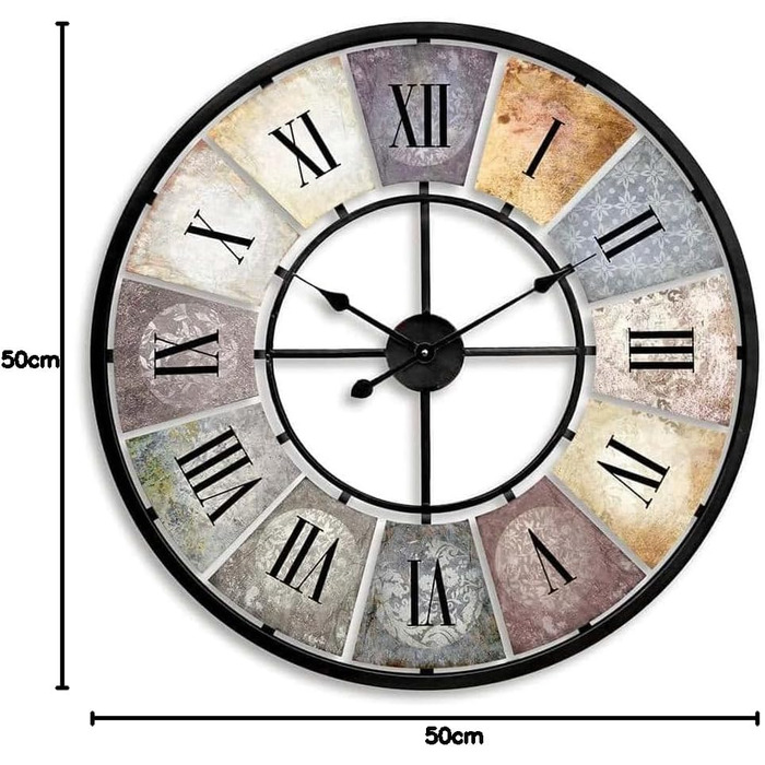 Large Vintage Wall Clock Living Room, No Ticking Sound, Modern XXL Wall Clocks, Roman Numerals, Retro Decor (Metal, Ø 50cm Diameter, Antique, Colorful)