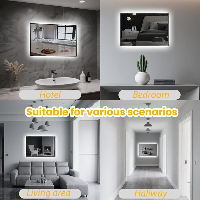 LED дзеркало для ванної кімнати з підсвічуванням 45x65 см, водонепроникне IP54, холодне біле світло 6500K, прямокутне, енергозберігаюче, біле