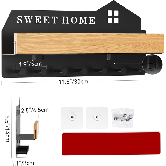 Ключниця настінна з полицею HOME+HOLZ чорна, без свердління, 7 гачків, для коридору, самоклеюча/на шурупах