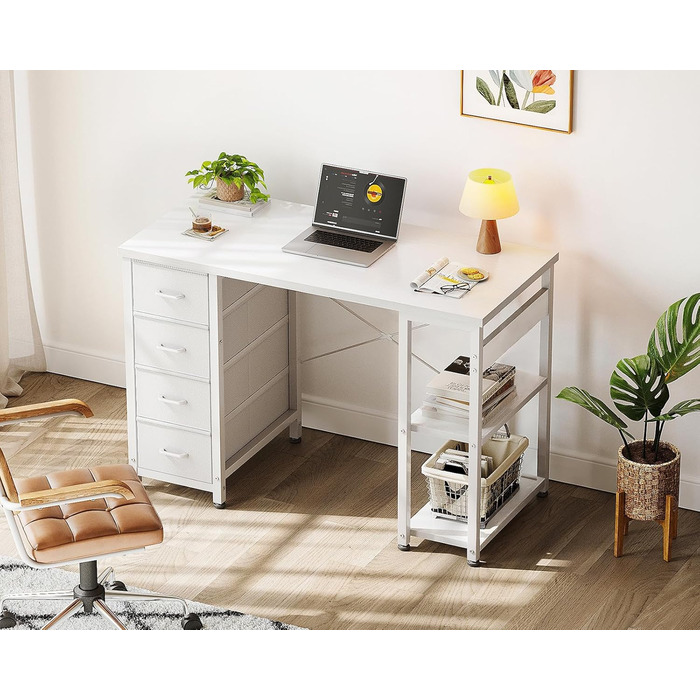 Компактний письмовий стіл Coleshome з 4 шухлядами, 100x40 см, з полицями, для офісу, робочого кабінету, спальні, білий