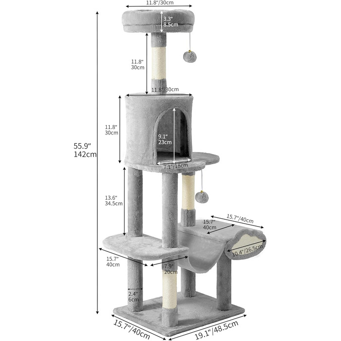 Кігтеточка YITAHOME XXL для котів, 142 см, сіра, з 8 стовпчиків сизалю, 3 платформи, 2 печери, гамак, іграшки, кігтешкребок, кріплення для лазіння