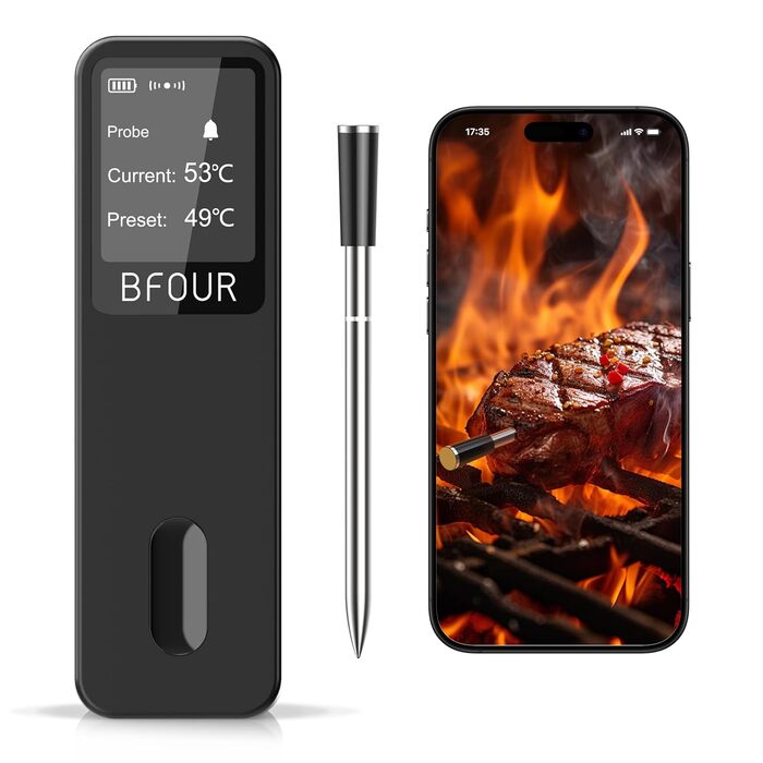 Термометр для м'яса BFOUR BF-30 PRO: бездротовий Bluetooth термометр-щуп з LCD-дисплеєм, IP67, для приготування BBQ, гриля, духовки, кухні (чорний)