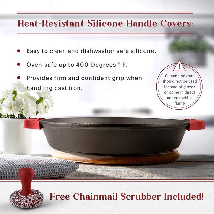 Набір сковорідок Cuisinel з чавуну, 15.2 см + 20.3 см + 25.4 см + 30.5 см + скляна кришка + силіконові ручки-тримачі – попередньо обпалена сковорода – посуд для приготування в духовці та на плиті, використання в приміщенні та на вулиці