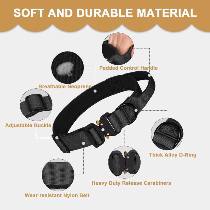 Тактичне нашийник для собак з ручкою, великий, зелений, з нейлону та неопрену, з металевою застібкою, регульований, для великих собак