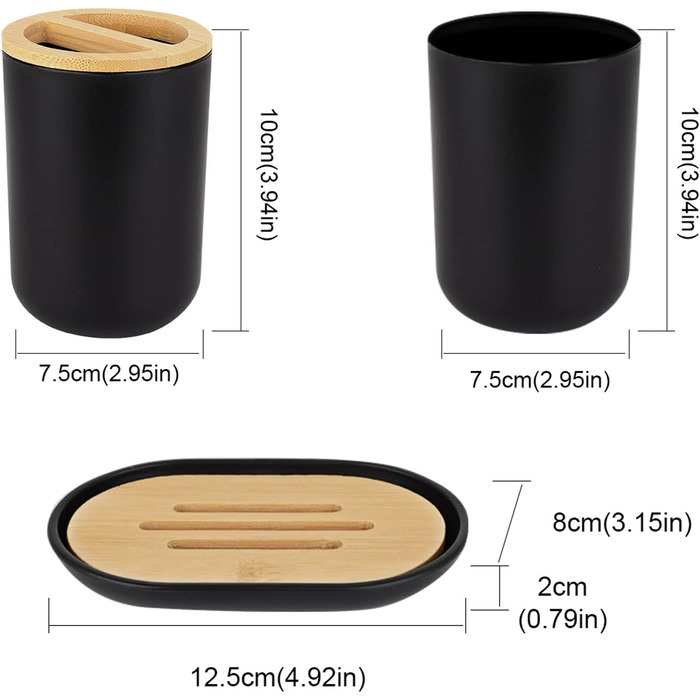 Bathroom Accessories Set - 6Pcs Bathroom Accessories Set made of Bamboo, Lotion Bottles, Toothbrush Holder, Tooth Cup, Soap Dish, Toilet Brush, Trash Can (4 Pcs Black)