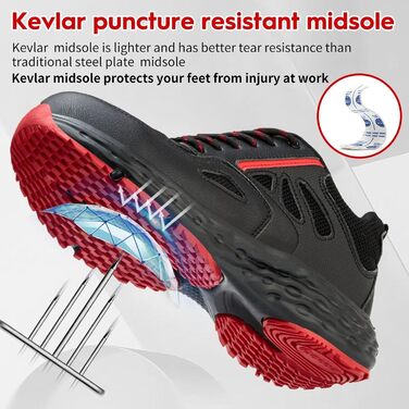 Черевики робочі ISOOUS для чоловіків та жінок. Безпекові черевики, легкі, з пластиковим носком, дихаючі, антиковзкі, модель снікерс, для кухні, спортивні, 48 EU, чорно-червоні
