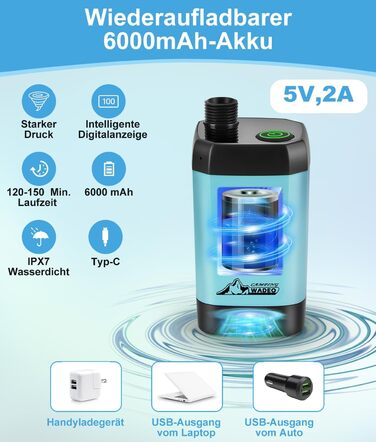 Портативний душ WADEO для кемпінгу з акумулятором 6000/8000 мА·год, мобільний душ із помпою, шлангом і лійкою, для подорожей, саду, авто, подвійний цифровий дисплей, синій