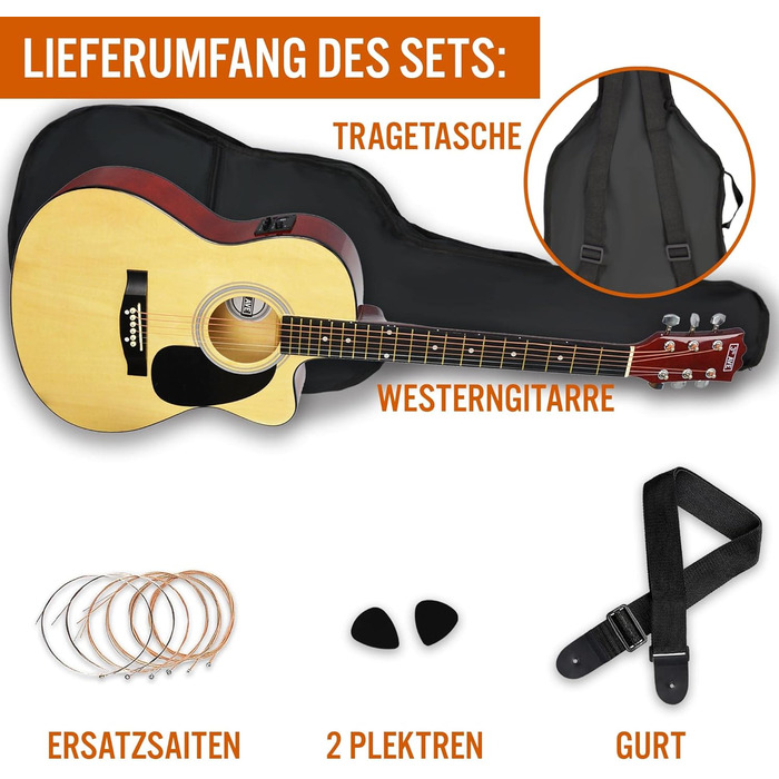 3rd Avenue 4/4 Вестерн-гітара (набір) з вирізом, для початківців – 6 місяців безкоштовних уроків, чохол, ремінь, медіатори та запасні струни – натуральний колір, електроакустична