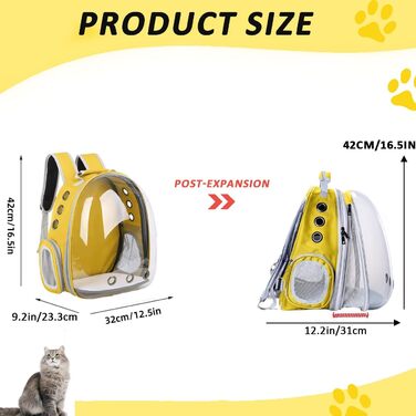 Розширюваний рюкзак для котів та собак, передній рюкзак з прозорим вікном та блискавкою, для подорожей та піших прогулянок, розширювана спинка (жовтий)