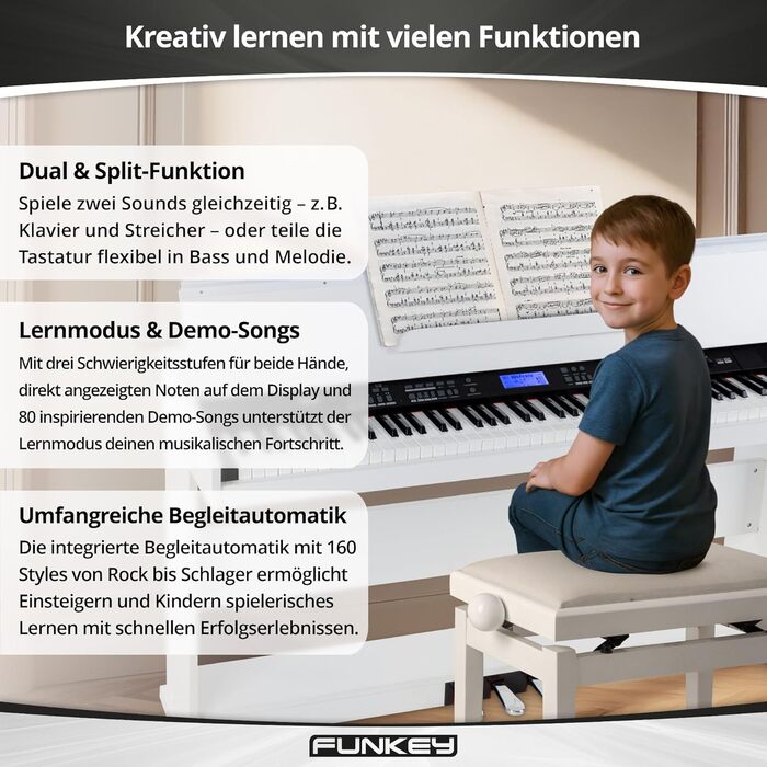 FunKey DP-88 II – цифрове піаніно з 88 клавішами, поліфонія 128, 360 звуків, 160 стилів, MP3-плеєр, функція навчання, запис та відтворення, 3 педалі, білий колір