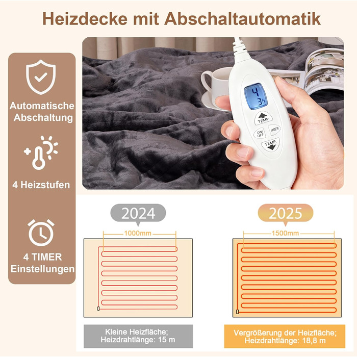 Електрична ковдра Cozysoon з 4 рівнями нагріву та таймером, 180*130 см, з автовимкненням, можна прати в машині