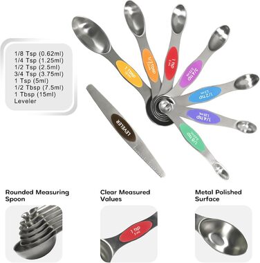 Magnetic Measuring Cup and Spoon Set, including 7 durable 304 stainless steel measuring cups and 8 magnetic measuring spoons with a leveler for cooking and baking (Color)