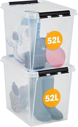 SmartStore Storage Boxes with Lid, Large, 52 L, Transparent, 2-Pack, Reinforced, 10-Year Warranty, Food Safe, with Clip Closure, Stackable, BPA-Free Plastic, 50 x 39 x 41 cm