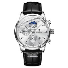 Годинник чоловічий LIGE Retro з шкіряним ремінцем, 3ATM, водостійкий, аналоговий, з датою, місячними фазами (чорний / білий)