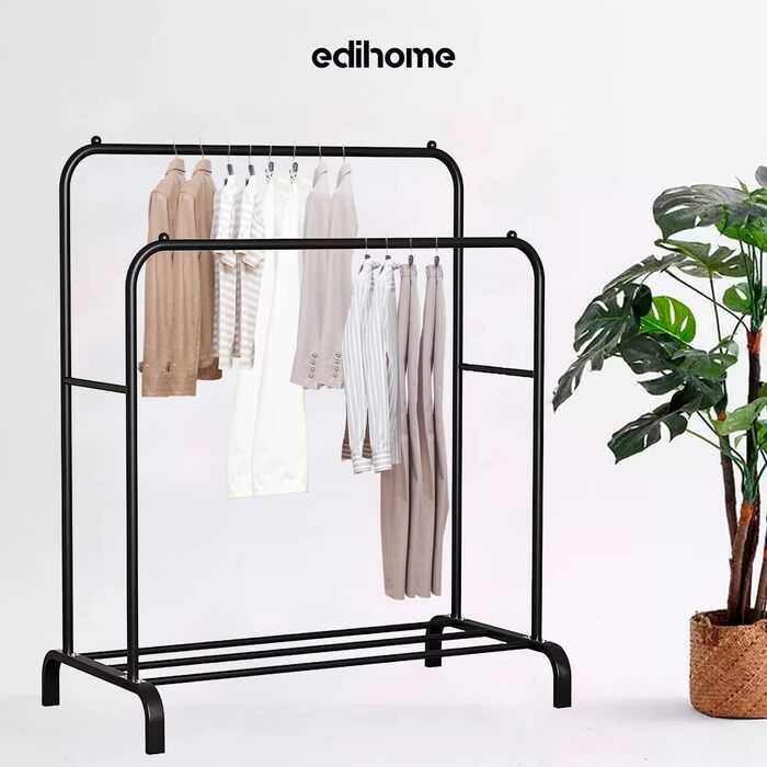 Стійка для одягу Edihome з полицею для взуття, подвійна, 110x150x54 см, металева, білий/чорний