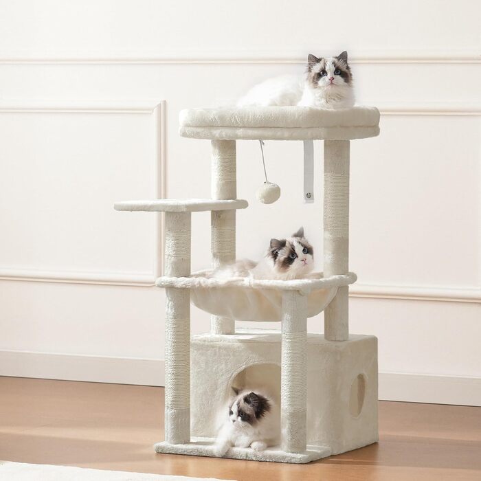 Котячий будиночок Heybly HCT008SW (Бежевий): міцний котячий будиночок з великим м'яким кошиком, стійкими сизалевими стовпчиками та місцем для сну