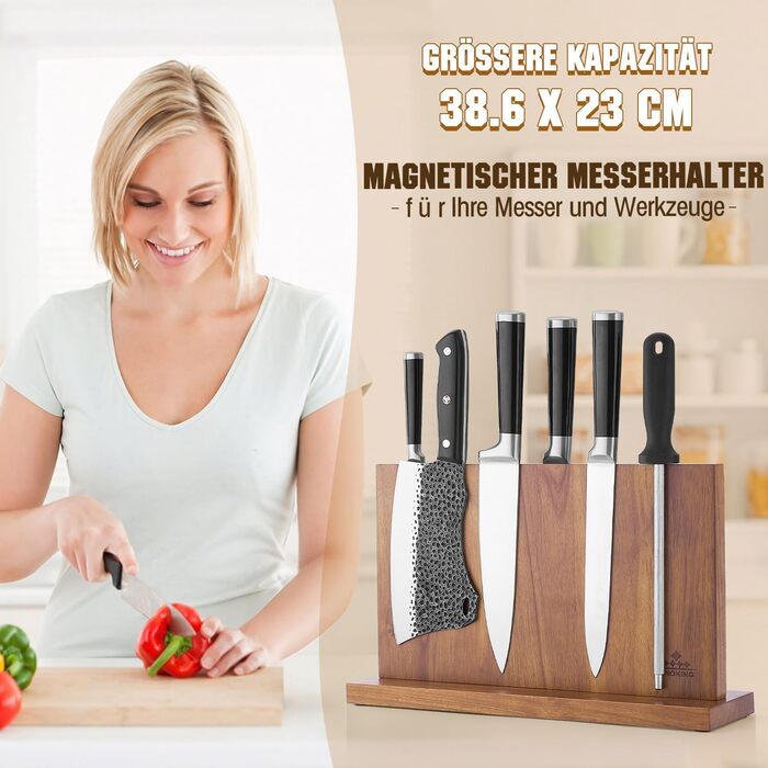 ENOKING Premium Plus Knife Block Magnetic Without Knives 38.6 x 23 cm, Double-Sided Magnetic Knife Holder Made of Acacia Wood, Magnetic Knife Block for Cutlery Display and Storage