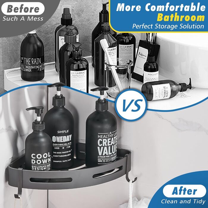 Дзеркальна поличка для душу Gricol без свердління, сірого кольору, з 2 гачками. Підходить для ванної кімнати та кухні.