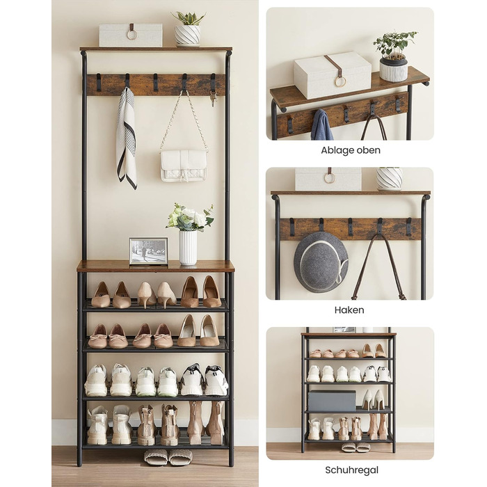 VASAGLE Coat Rack, Clothes Rack, Shoe Shelf, Wardrobe with 5 Double Hooks, 5 Shelves, One Top Shelf, for Apartments, Bedrooms, Hallways, Industrial Design, Vintage Brown-Black HSR408B01 (31.5 x 68 x 183.5 cm)