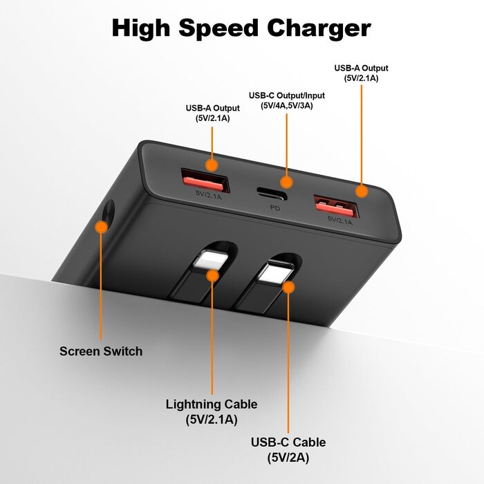 Портативний зарядний пристрій Power Bank 13000mAh з 2 вбудованими кабелями, LED-дисплеєм, підтримкою швидкої зарядки PD, чорний