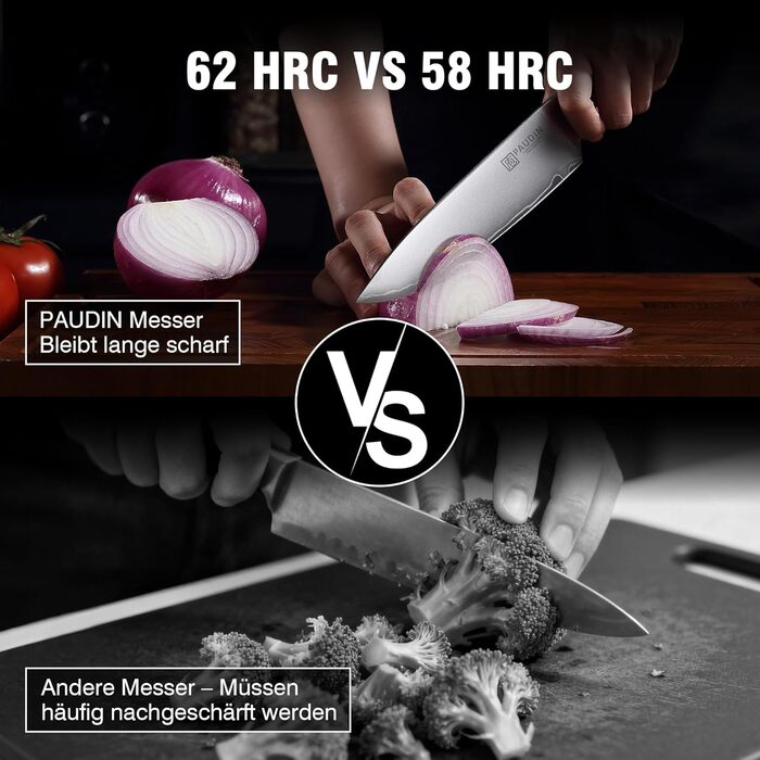 Набір кухонних ножів PAUDIN 4 шт: кухонний ніж, саторі, універсальний ніж, ніж для овочів. Професійний, гострий, з нержавіючої сталі 10Cr15CoMoV (твердість 62 HRC), з ергономічною дерев'яною ручкою