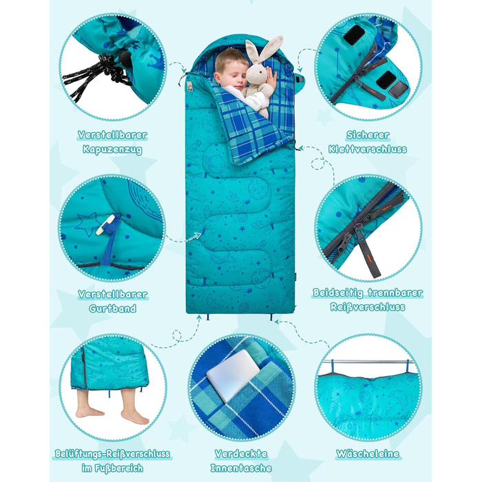 KingCamp Kids Sleeping Bag - Winter Warmth, 3-4 Season Comfort for Camping & Trekking - 170x70cm, 7°C Rating