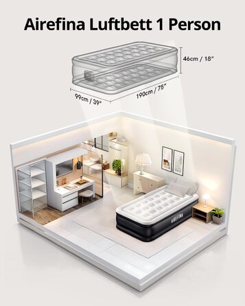 Надувне ліжко Airefina для 1 особи з вбудованим насосом, 99x190x46 см, до 295 кг, з сумкою для перенесення