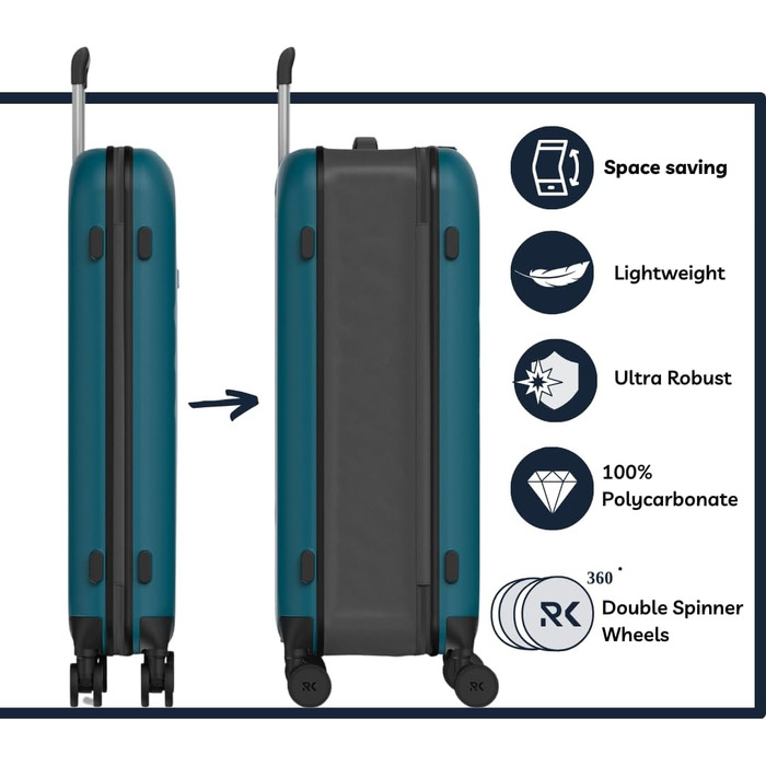 Чемодан Rollink Vega 360, 104L, 4 колеса, чорний, з інноваційним замком, міцний, екологічний (Carry-On, Deep Lagoon)