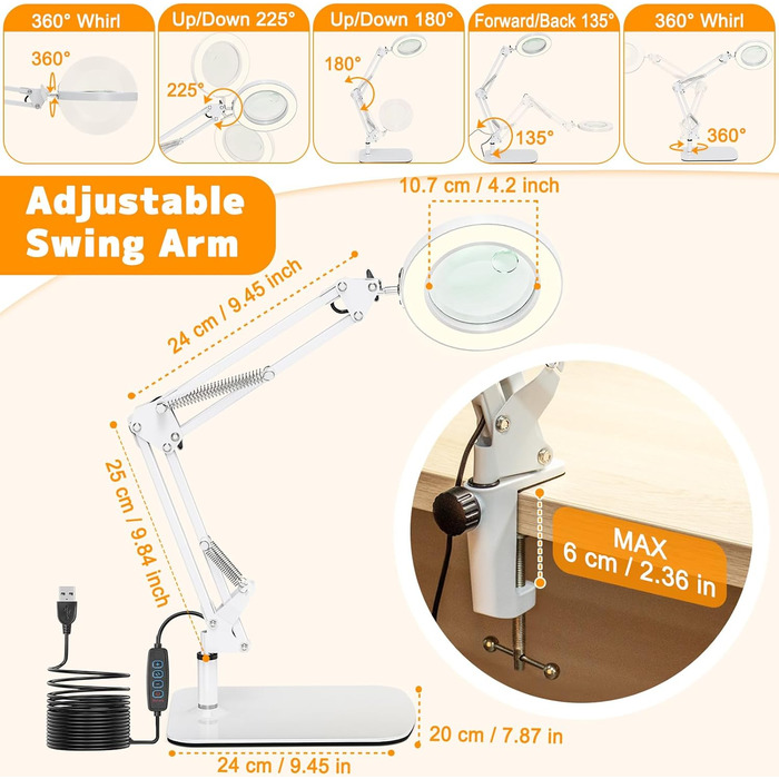 Лампа-лупа Jubor 2-в-1 зі світлом та підставкою, 15x/10x, LED, з кріпленням та основою, 3 режими, регульована яскравість, для хобі, ремонту, майстрів