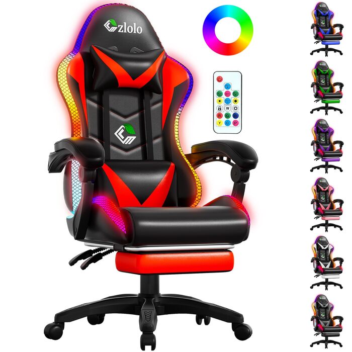 Геймерське крісло Czlolo RGB LED з підставкою для ніг, ергономічне офісне крісло для комп'ютера, блакитне (RGB-червоне)