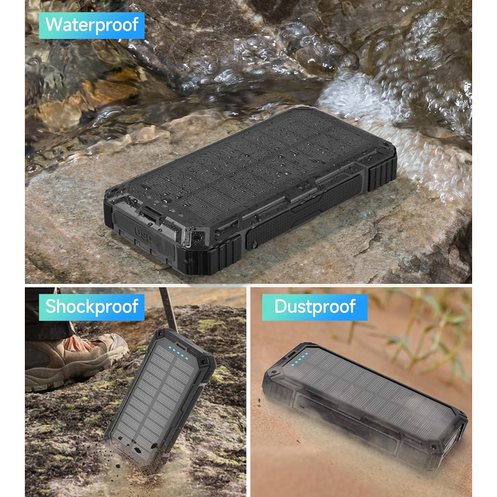 Портативний зарядний акумулятор Solar Powerbank 56800mAh з сонячною панеллю, 30W PD, 3.0A USB-C, 3 порти (2 USB та 1 Type-C), бездротовий заряд 15W, LED-індикатор, ліхтарик, чорний