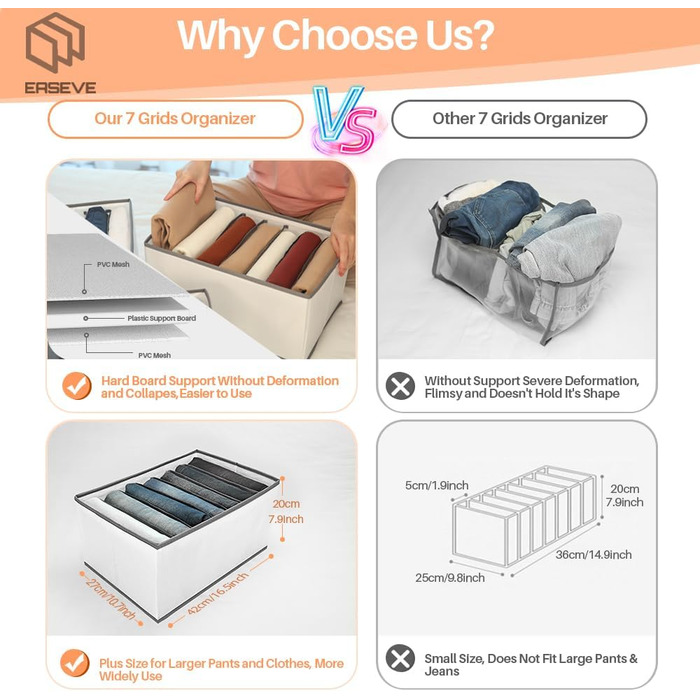 6-Piece Closet Organizer Clothes Storage - 7 Compartments Folding Drawer Organization System Clothes Storage Box for Pants, Jeans, Shirts, Sweaters, T-shirts (1 Pack)
