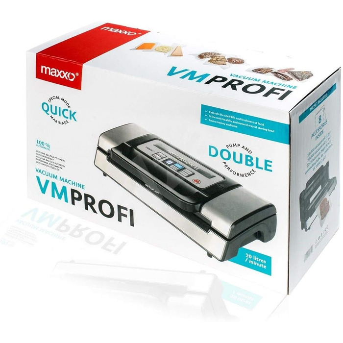 Професійний вакуумний пакувальник Maxxo VM Profi з подвійною зварювальною лінією, 20 л/хв, 900 мбар, для пакування продуктів харчування, з нержавіючої сталі