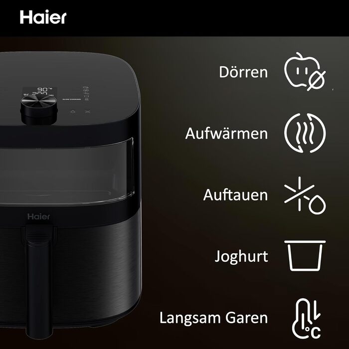 Аерофритюрниця Haier 7 л з вікном, 9 програм, 1700 Вт, LED-дисплей, без олії, для здорового приготування, серія 5 HAF5TWA3, посудомийна, з аксесуарами