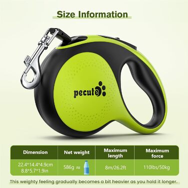 Рулетка для собак Pecute 8м, 50 кг, зелена, антизаплутування, швидке гальмування