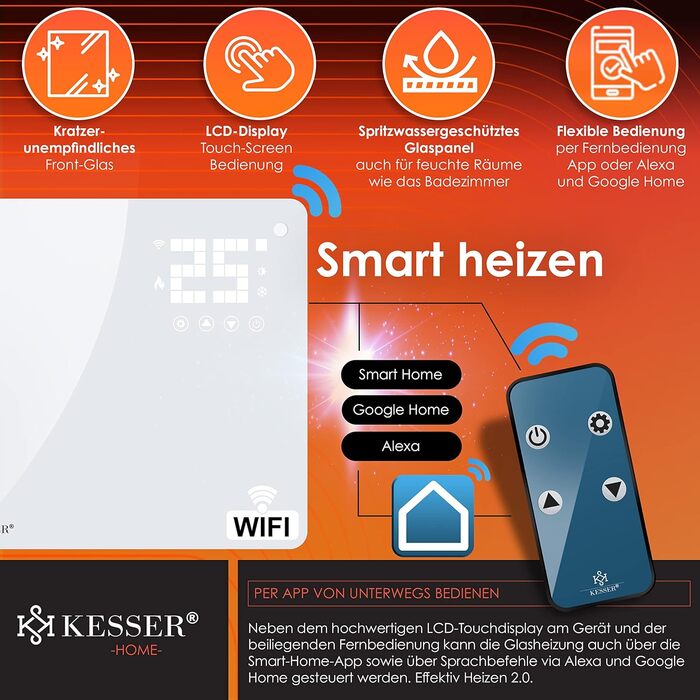 Електричний конвектор KESSER® з Wi-Fi керуванням та пультом дистанційного керування | 2500 Вт | Скло | Настінний/Підлоговий | LCD-дисплей, таймер, сенсорне управління