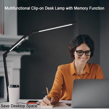 LED лампа EYOCEAN для столу з регульованою яскравістю та двома джерелами світла, архітекторська лампа для офісу, 15W, захист очей, кріпиться на стіл
